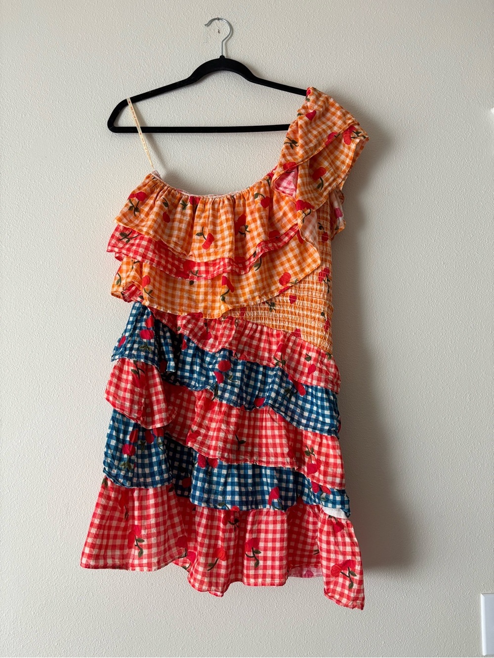 Farm Rio Anthropologie Orange Gingham Cherry Dress Size Medium